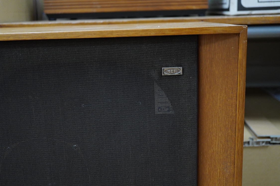 A pair of 1970s KEF Concerto hi-fi stereo speakers in teak cabinets, 71cm high, 43cm wide, 30.5cm deep